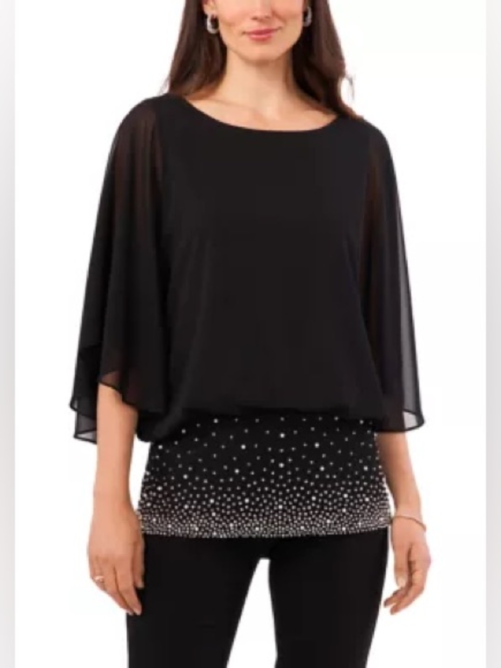 S. Levine Three-Quarter Sleeve Boat Neck Pearl Chiffon Top